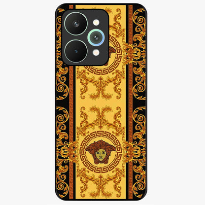 Golden Royal Heritage Glass Case showing flat back view with ornate royal pattern artwork and glossy glass finish.