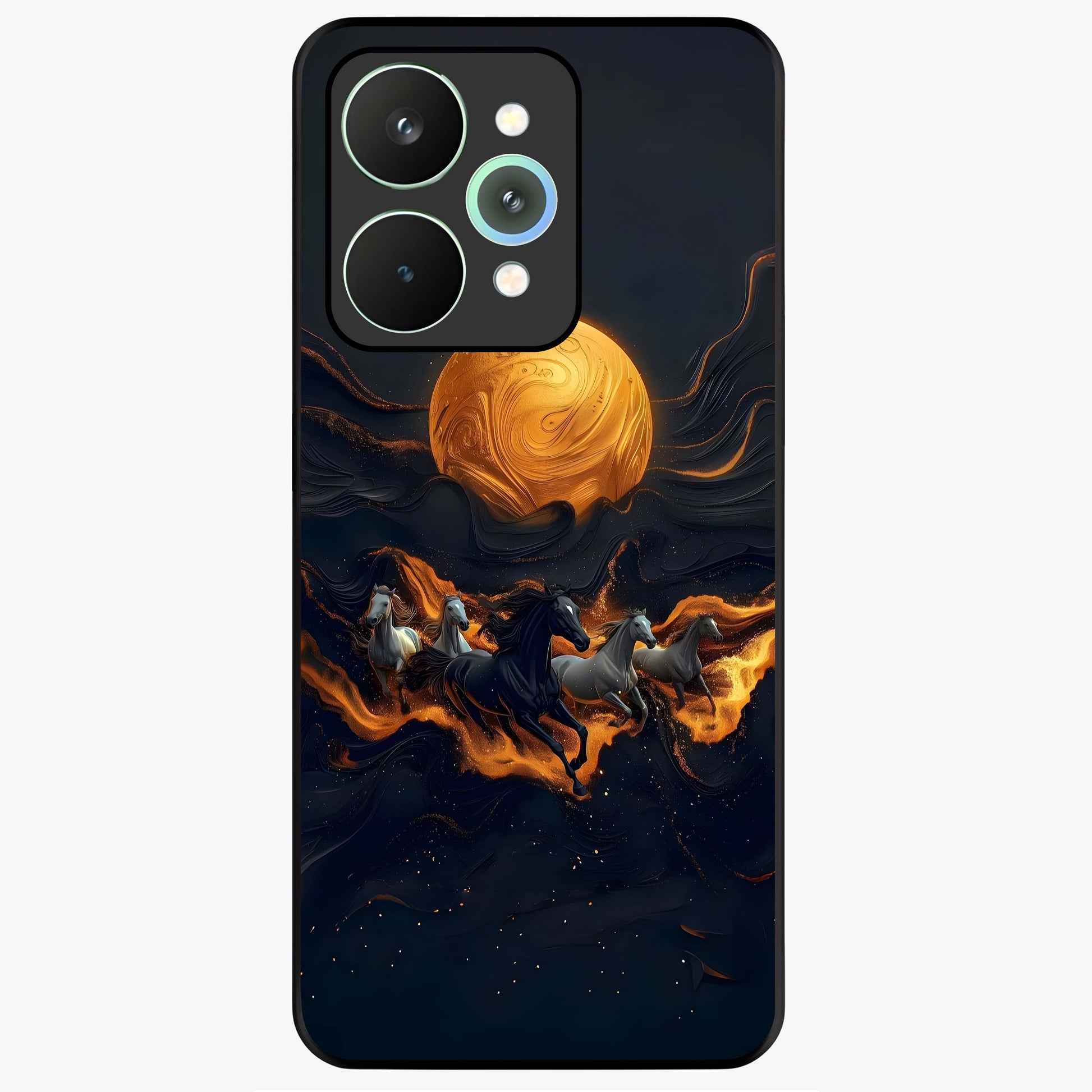 Golden Stallion Moonride Glass Case showing flat back view with majestic horse under moonlight artwork and glossy glass finish.