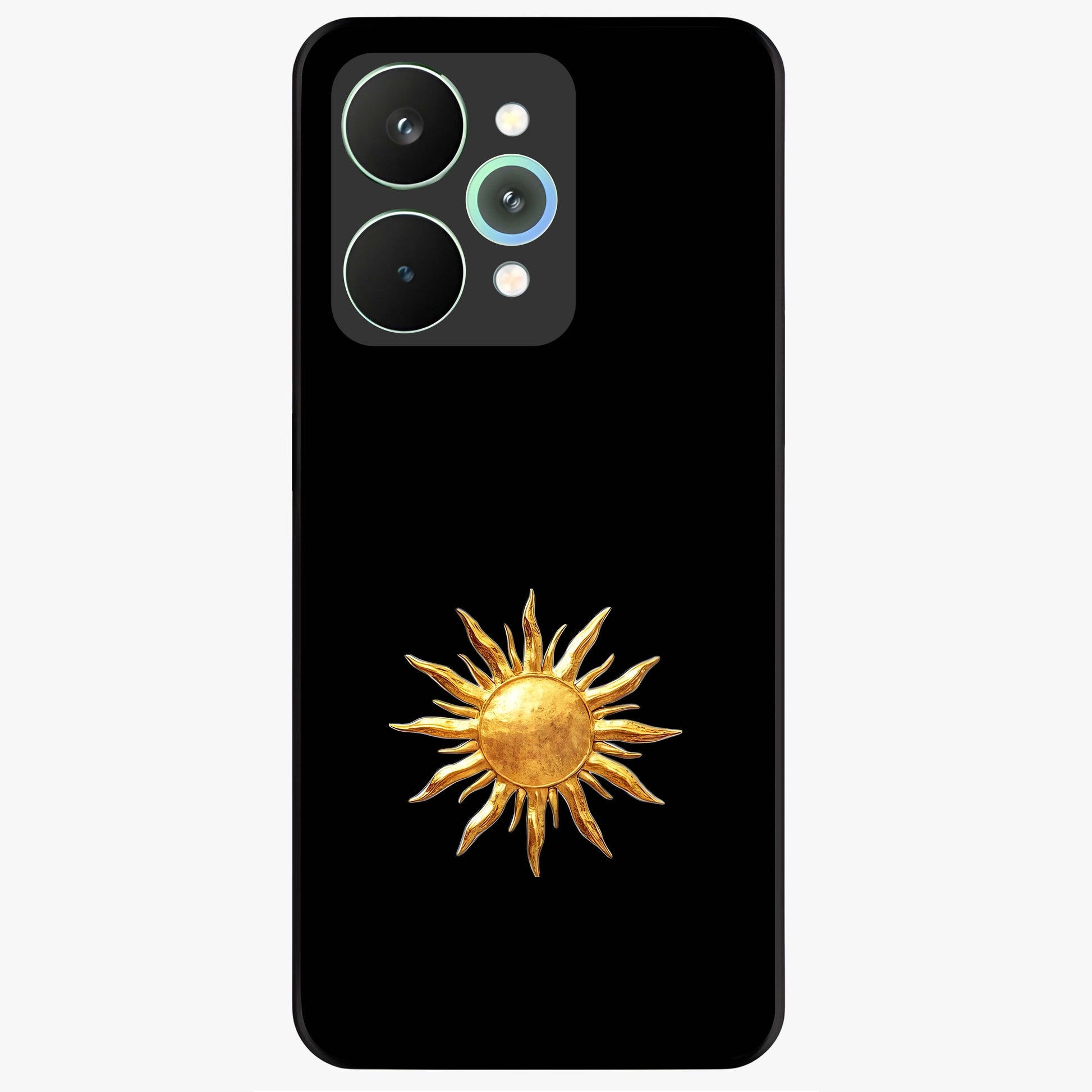 Golden Sun Minimalism Glass Case showing flat back view with minimal golden sun artwork and glossy glass finish.