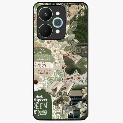 Green Islamic Books Quotes Glass Case showing flat back view with Islamic quotes and book themed artwork and glossy glass finish.