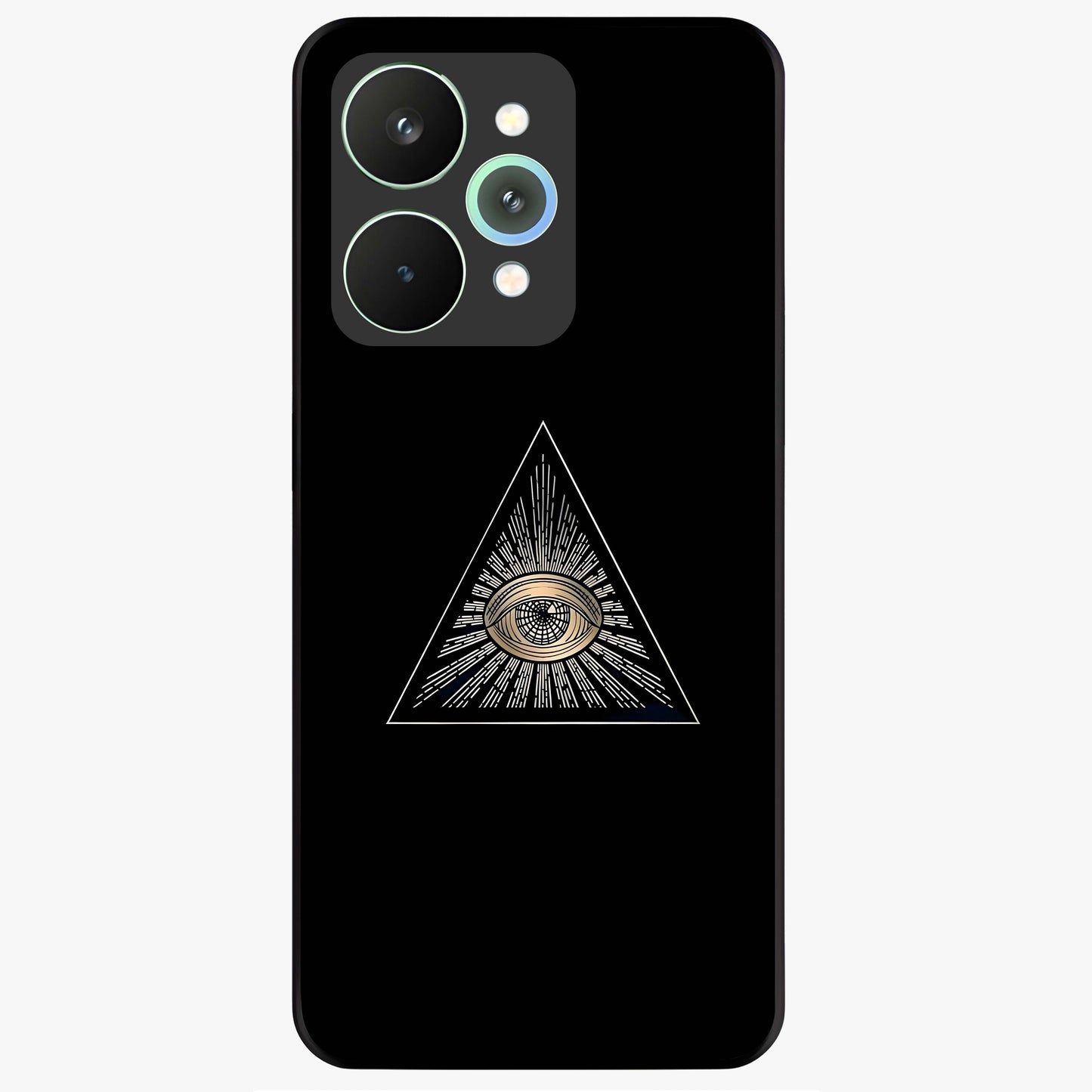 Illuminati Evil Glass Case showing flat back view with mysterious illuminati symbol artwork and glossy glass finish.