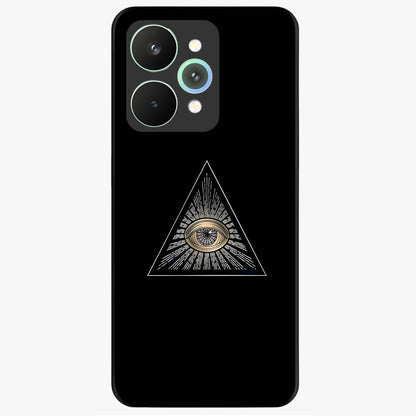 Illuminati Evil Glass Case showing flat back view with mysterious illuminati symbol artwork and glossy glass finish.