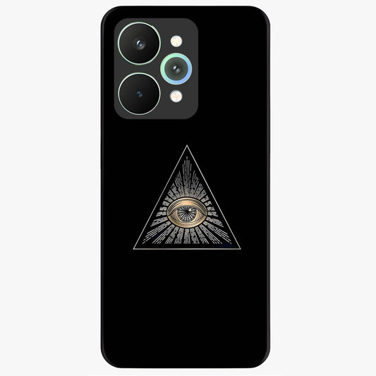 Illuminati Evil Glass Case showing flat back view with mysterious illuminati symbol artwork and glossy glass finish.