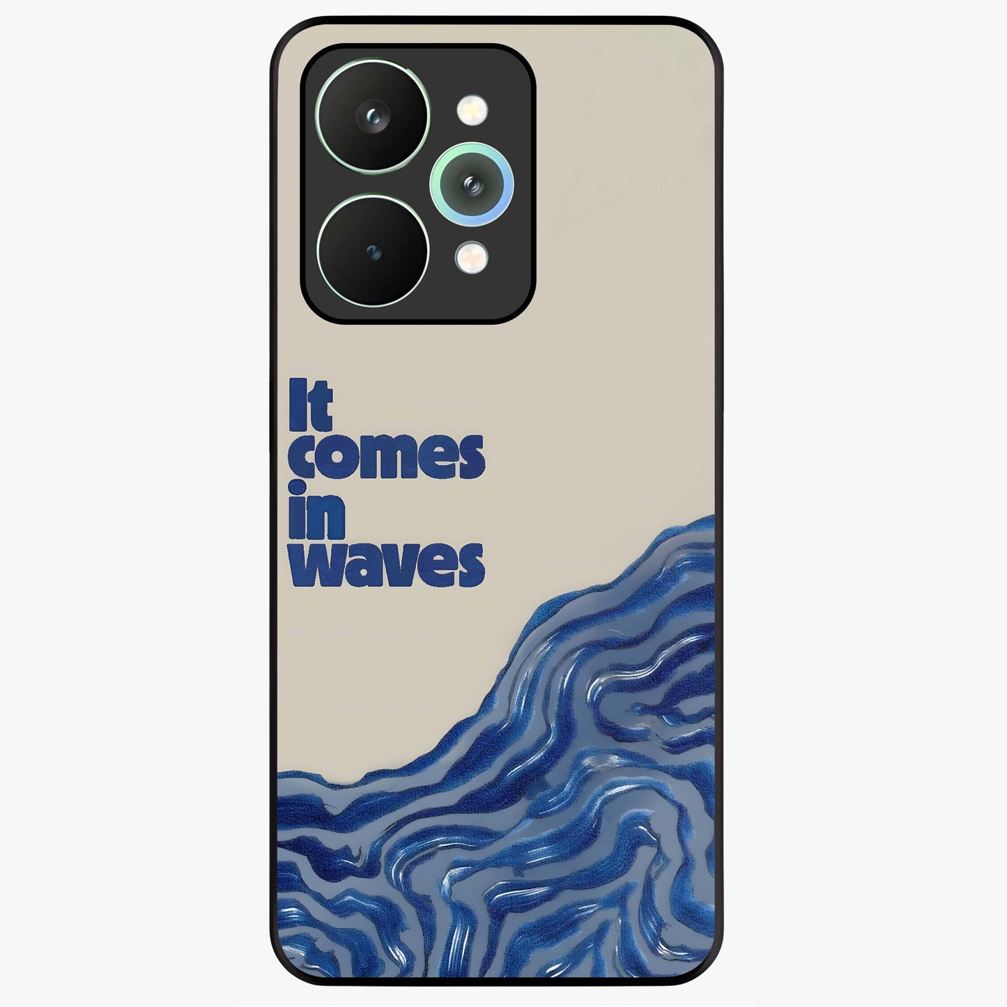 It Comes In Waves Quote Glass Case showing flat back view with inspirational wave themed quote artwork and glossy glass finish.