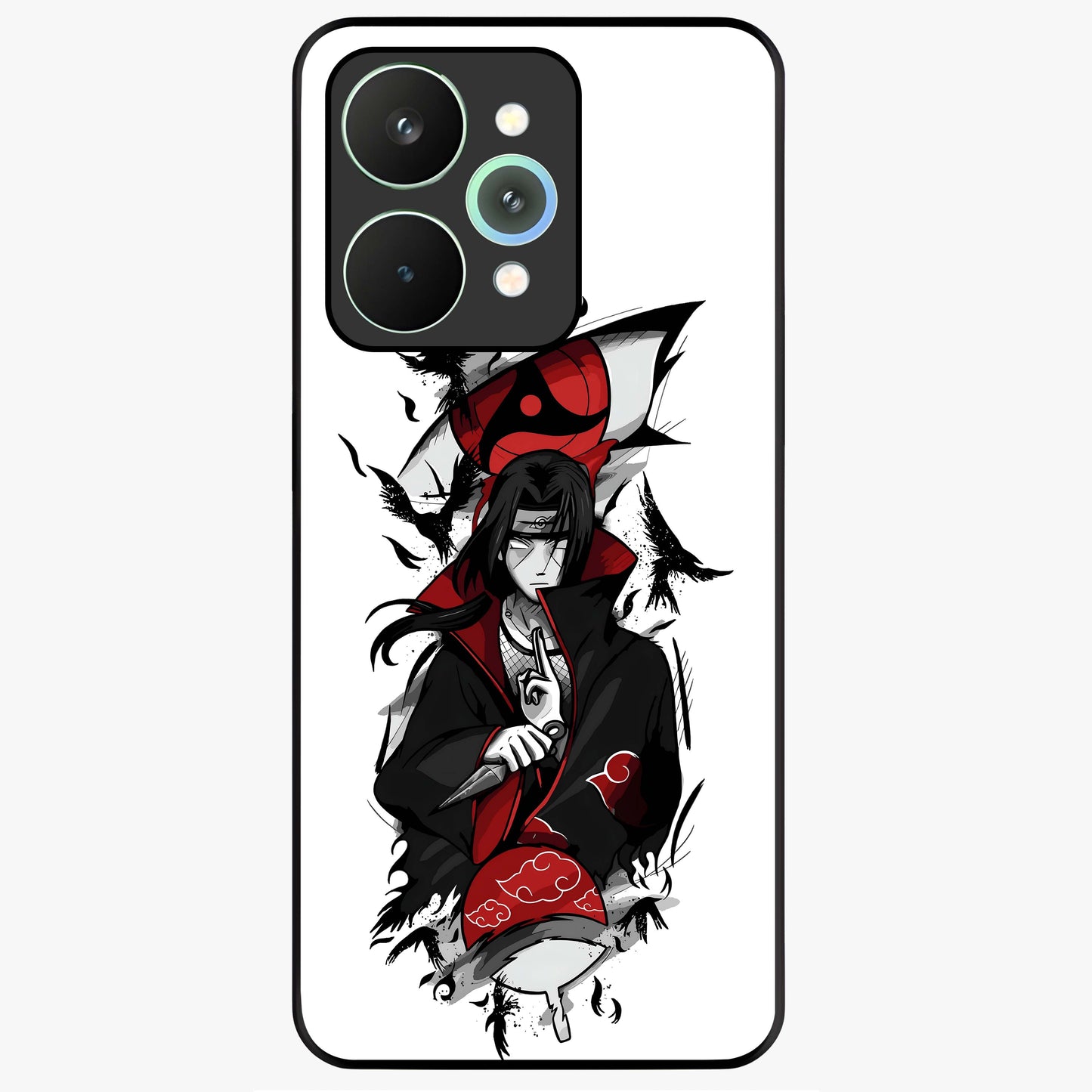Itachi Sharingan Glass Case showing flat back view with powerful anime eye artwork and glossy glass finish.