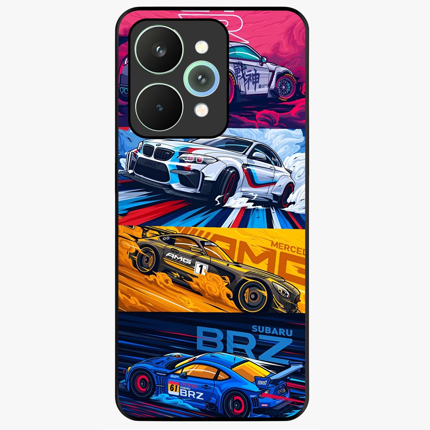 JDM Sports Car Glass Case showing flat back view with high performance sports car artwork and glossy glass finish.