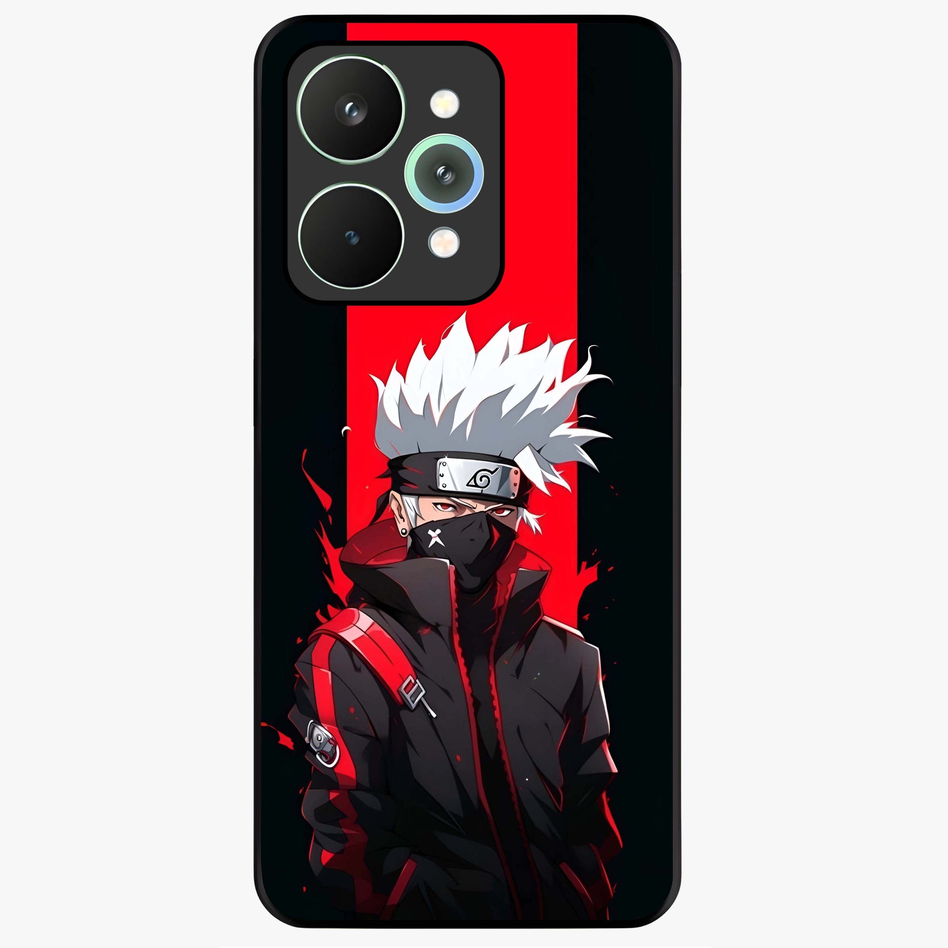 Kakashi Scarlet Shadow Glass Case showing flat back view with powerful anime ninja artwork and glossy glass finish.
