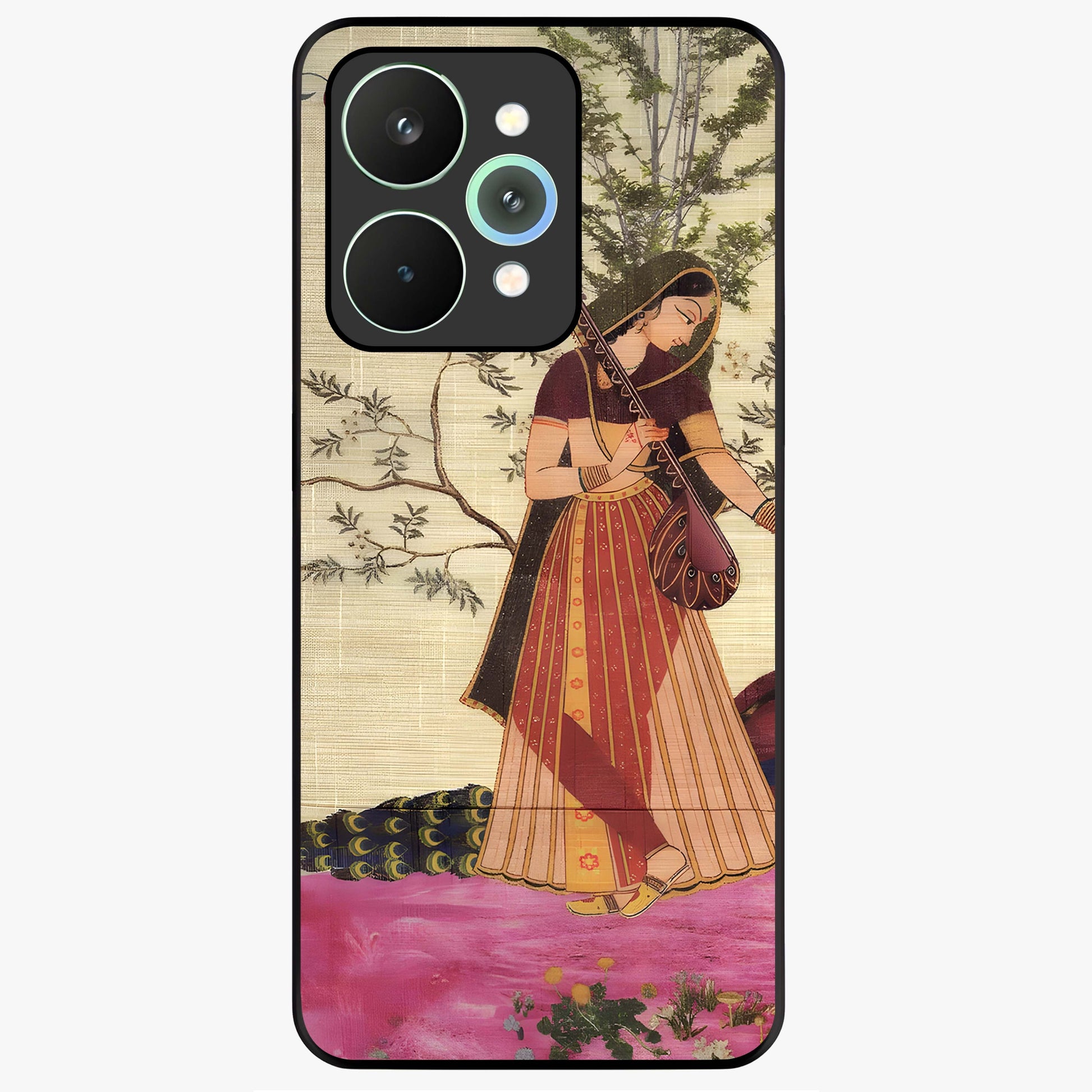 Lady With Veena Art Glass Case showing flat back view with elegant woman playing veena artwork and glossy glass finish.