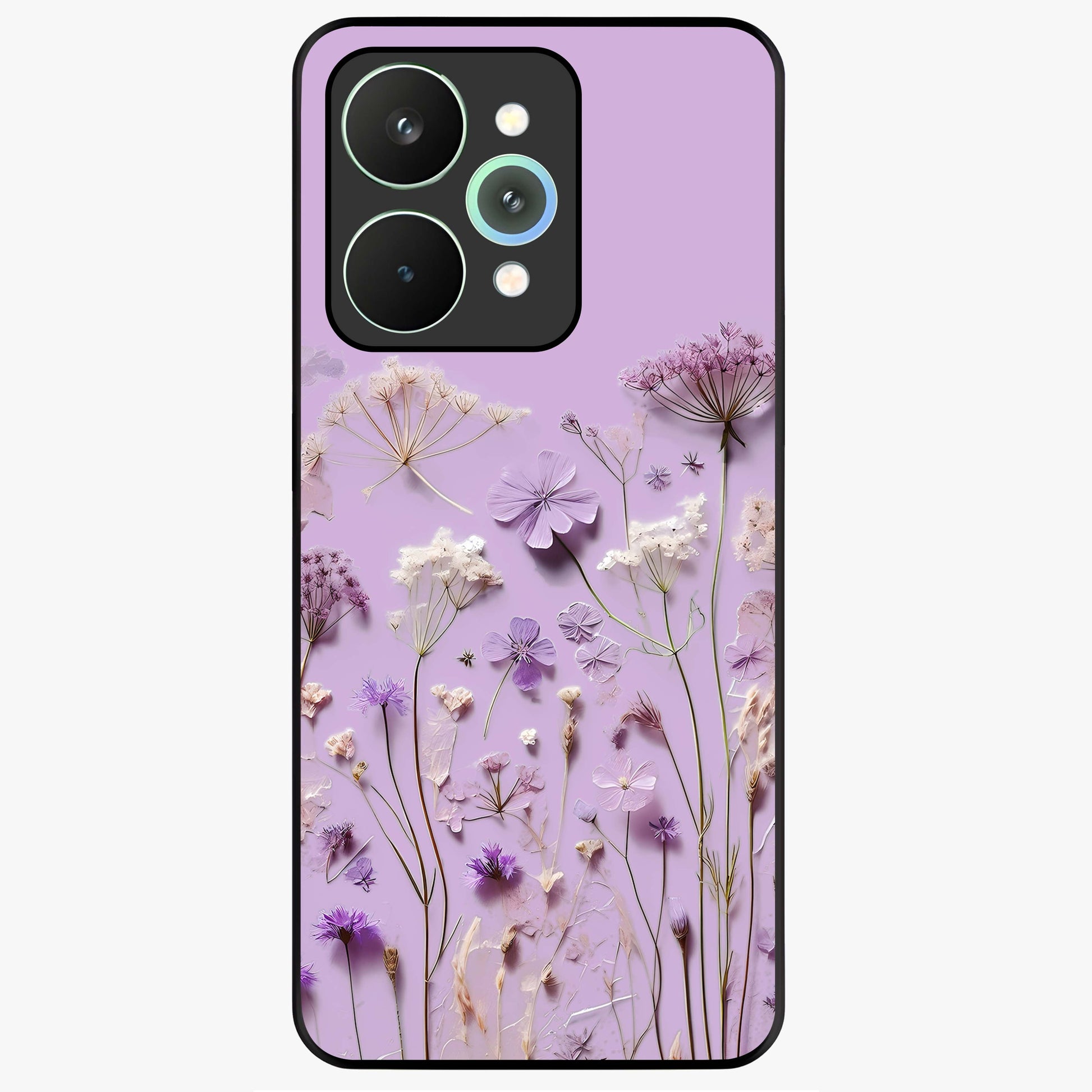 Lavender Blossom Dream Glass Case showing flat back view with soft lavender floral artwork and glossy glass finish.