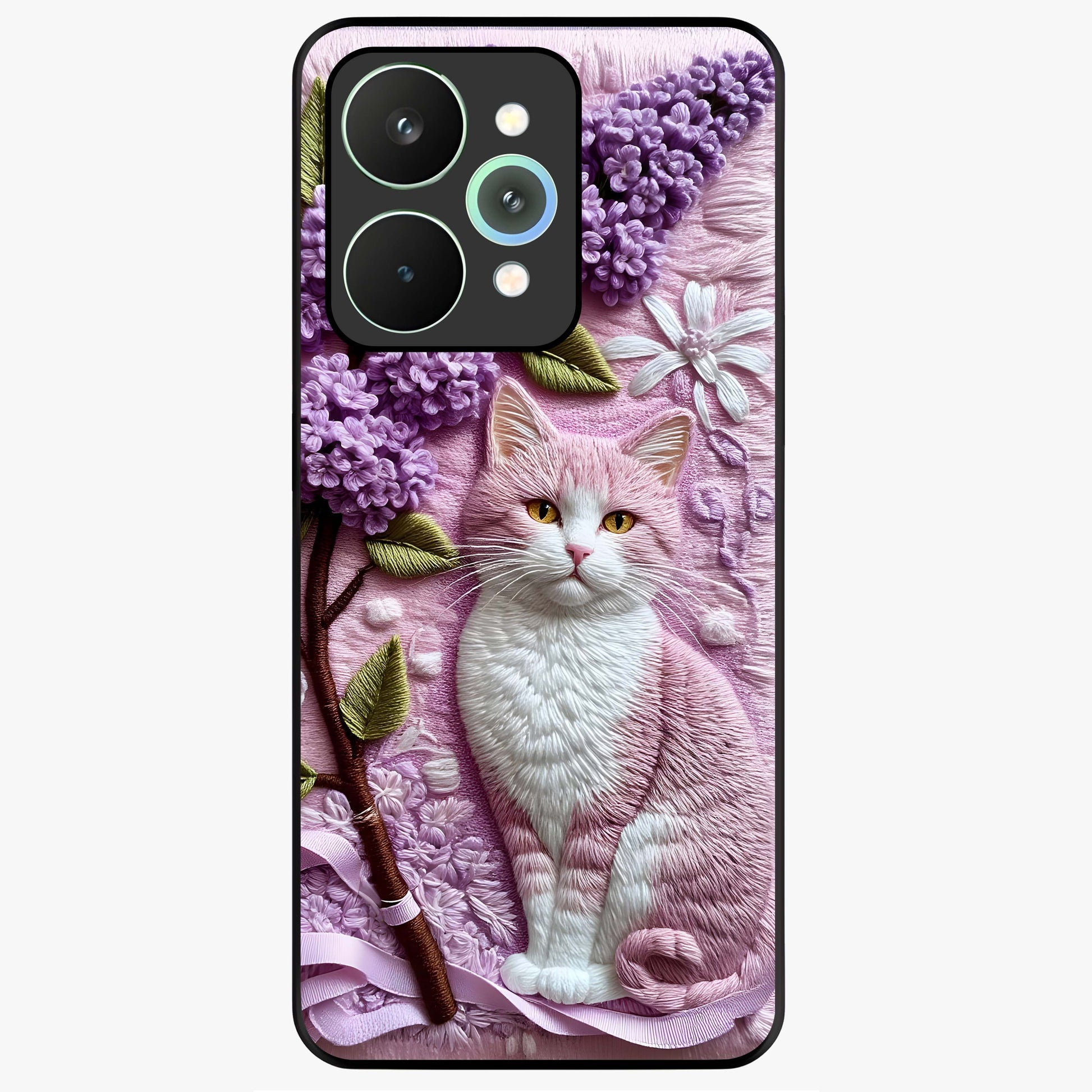 Lavender Cat Whimsy Glass Case showing flat back view with cute lavender cat artwork and glossy glass finish.