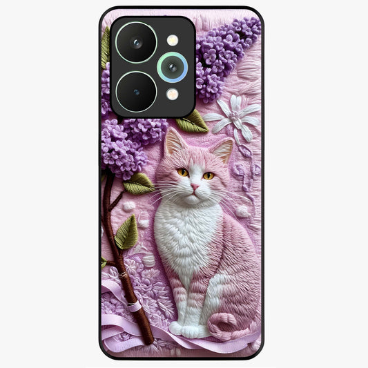 Lavender Cat Whimsy Glass Case showing flat back view with cute lavender cat artwork and glossy glass finish.