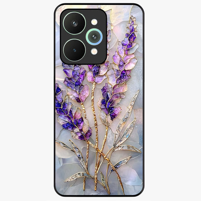 Lavender Dream Glow Glass Case showing flat back view with glowing lavender aesthetic artwork and glossy glass finish.