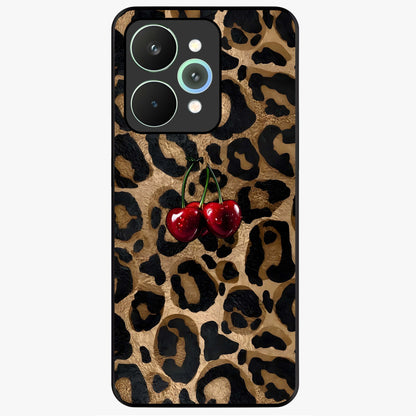 Leopard Wild Cherry Glass Case showing flat back view with leopard pattern and cherry artwork and glossy glass finish.