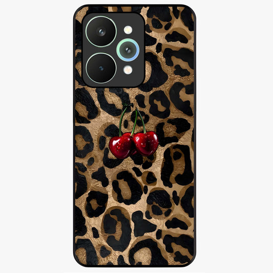 Leopard Wild Cherry Glass Case showing flat back view with leopard pattern and cherry artwork and glossy glass finish.
