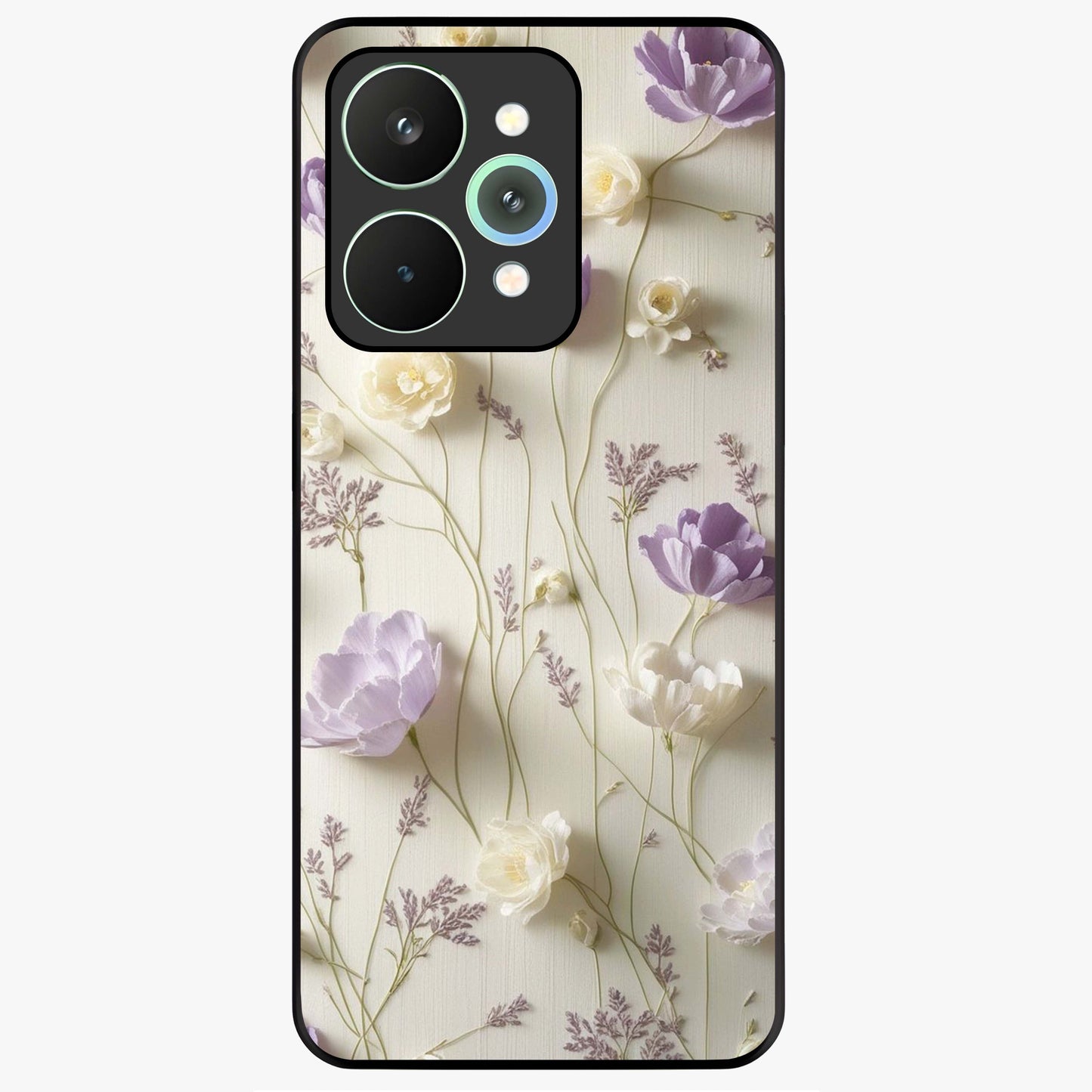 Lilac Breeze Harmony Glass Case showing flat back view with soft lilac themed artwork and glossy glass finish.