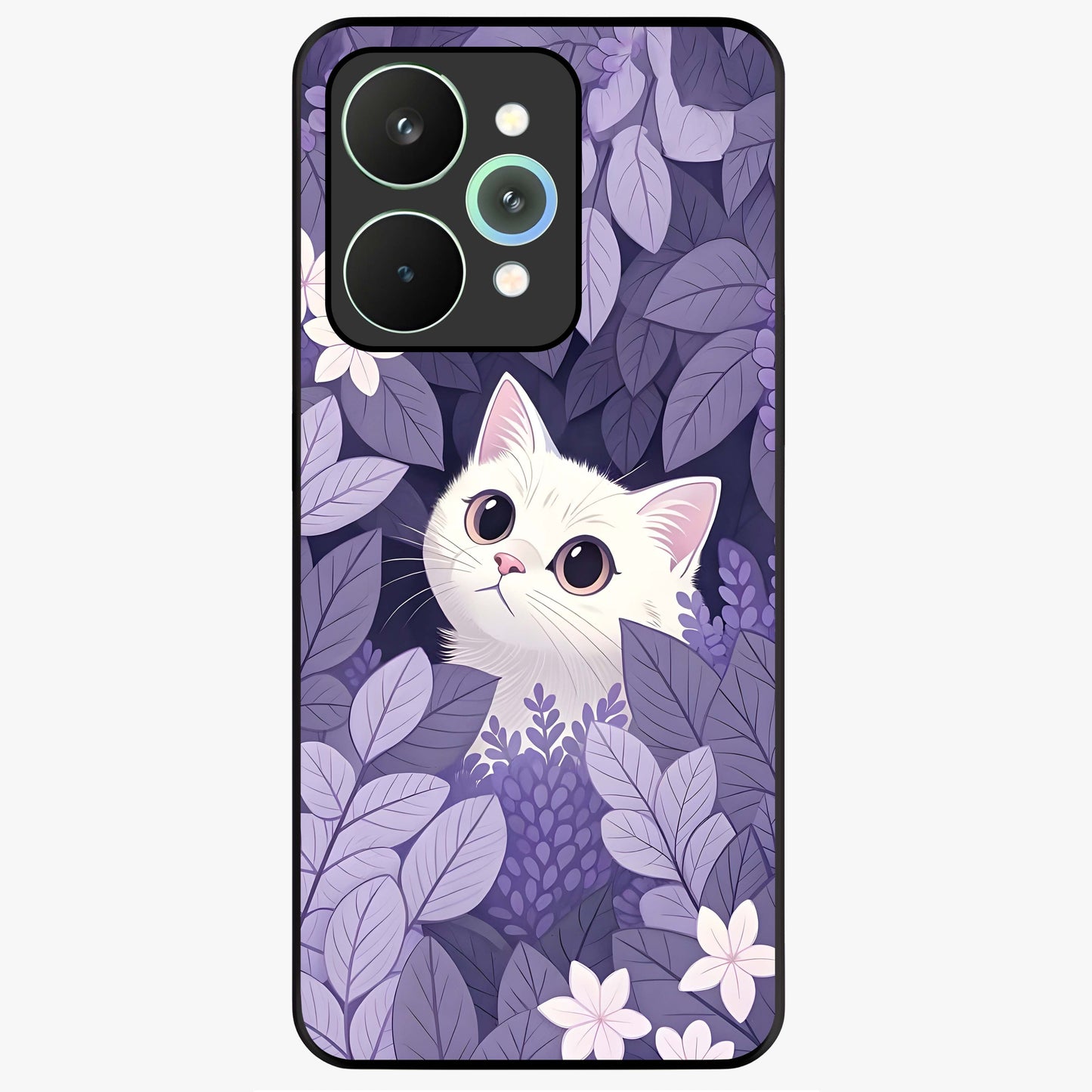 Lilac Hide Peek Cat Glass Case showing flat back view with cute peeking cat artwork and glossy glass finish.