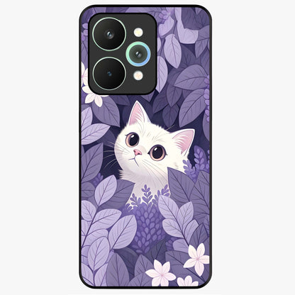 Lilac Hide Peek Cat Glass Case showing flat back view with cute peeking cat artwork and glossy glass finish.
