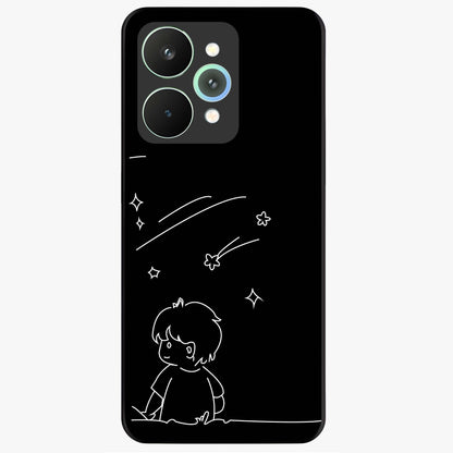 Line Art Boy With Shooting Stars Glass Case showing flat back view with minimal line art boy and shooting stars illustration and glossy glass finish.