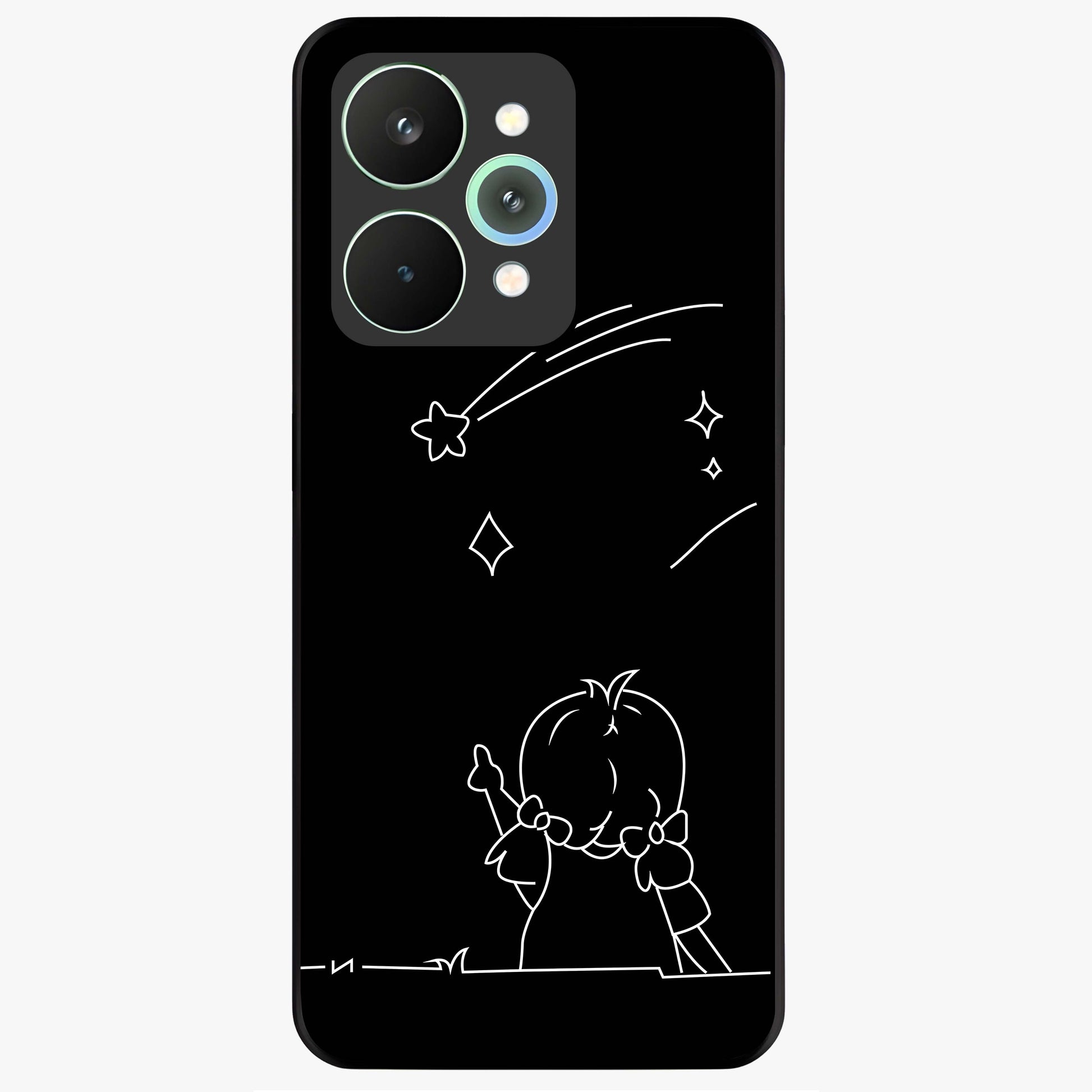 Line Art Girl With Shooting Stars Glass Case showing flat back view with minimal line art girl and shooting stars illustration and glossy glass finish.