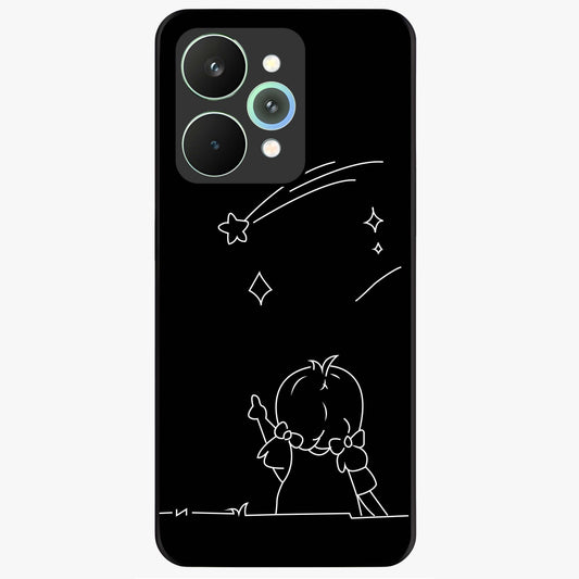 Line Art Girl With Shooting Stars Glass Case showing flat back view with minimal line art girl and shooting stars illustration and glossy glass finish.