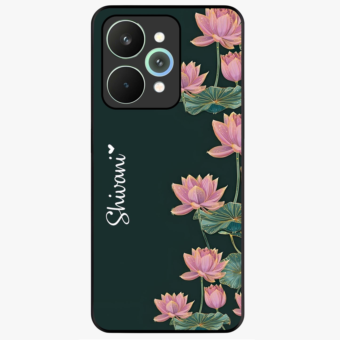 Lotus Bloom Serenity Custom Name Glass Case showing flat back view with elegant lotus flower artwork and personalized name design.