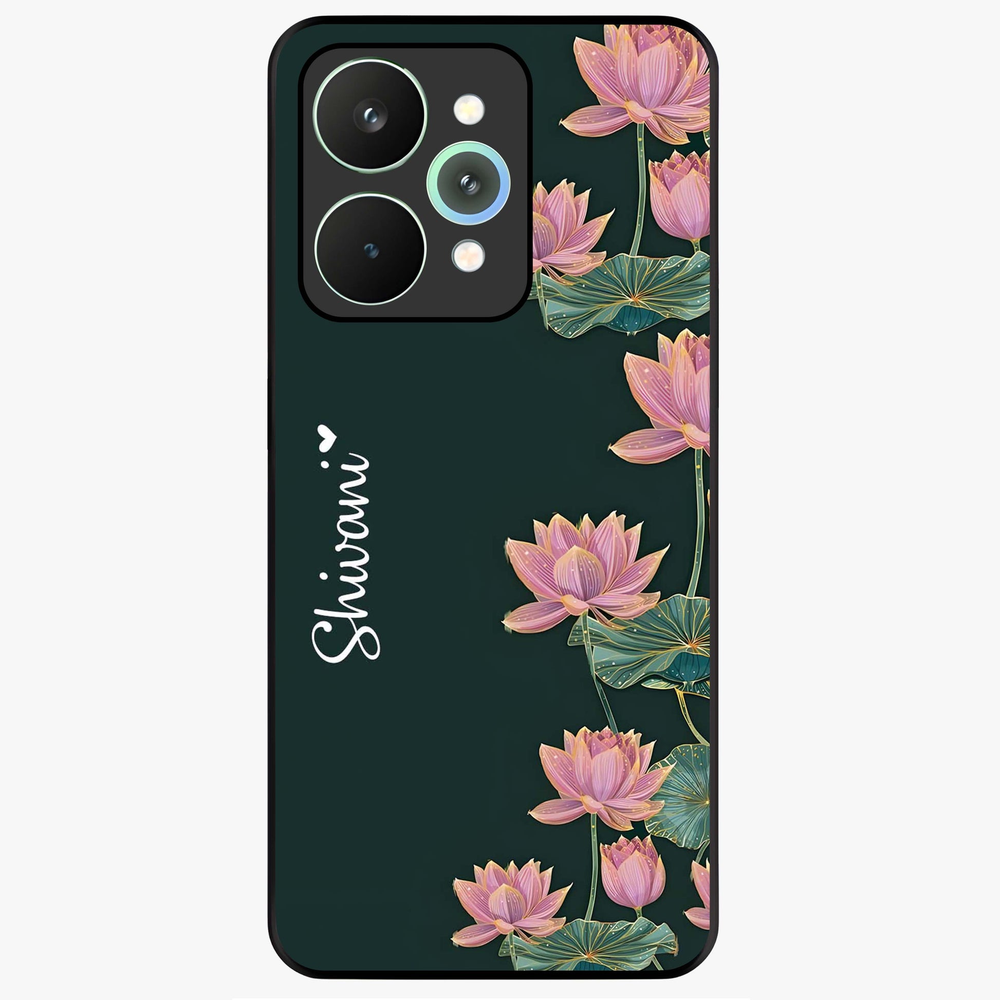 Lotus Bloom Serenity Custom Name Glass Case showing flat back view with elegant lotus flower artwork and personalized name design.