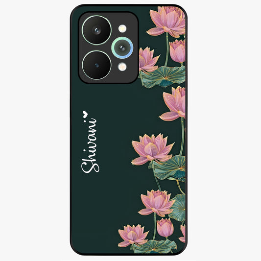 Lotus Bloom Serenity Custom Name Glass Case showing flat back view with elegant lotus flower artwork and personalized name design.