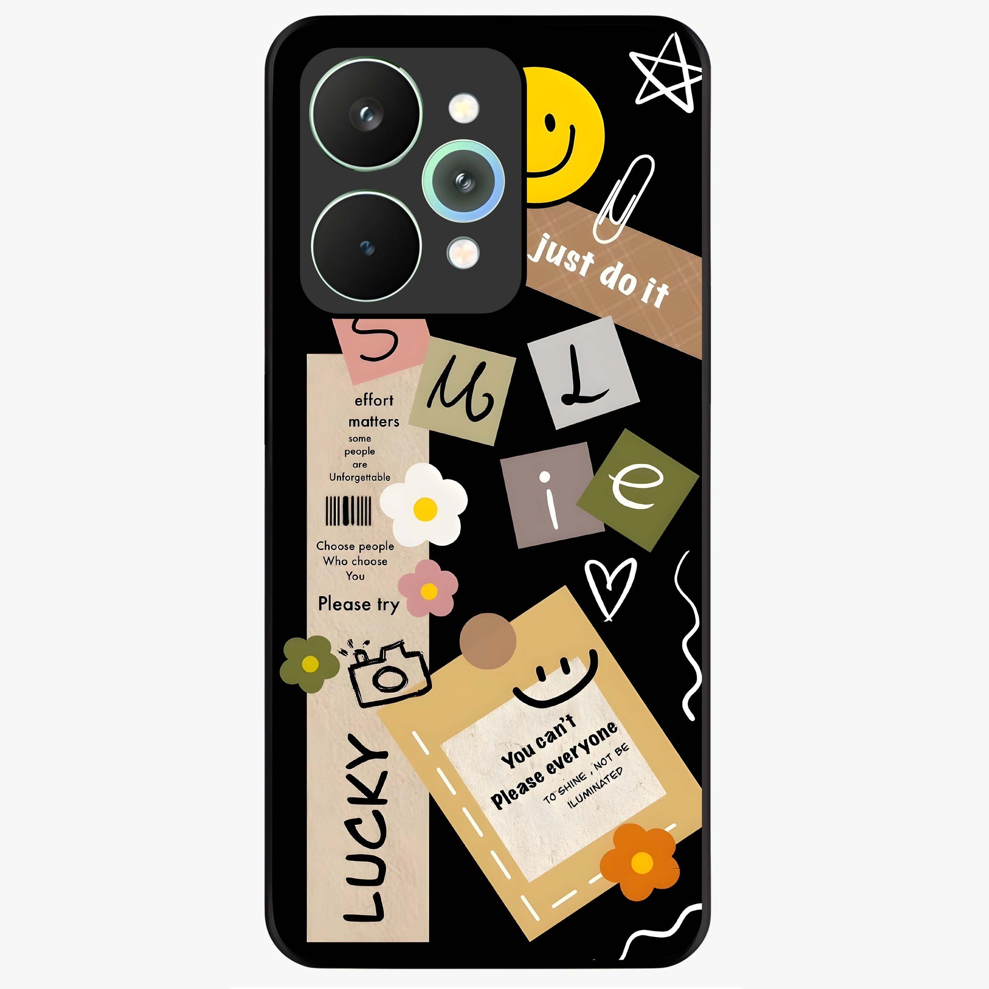 Lucky Aesthetic Collage Glass Case showing flat back view with trendy aesthetic collage artwork and glossy glass finish.