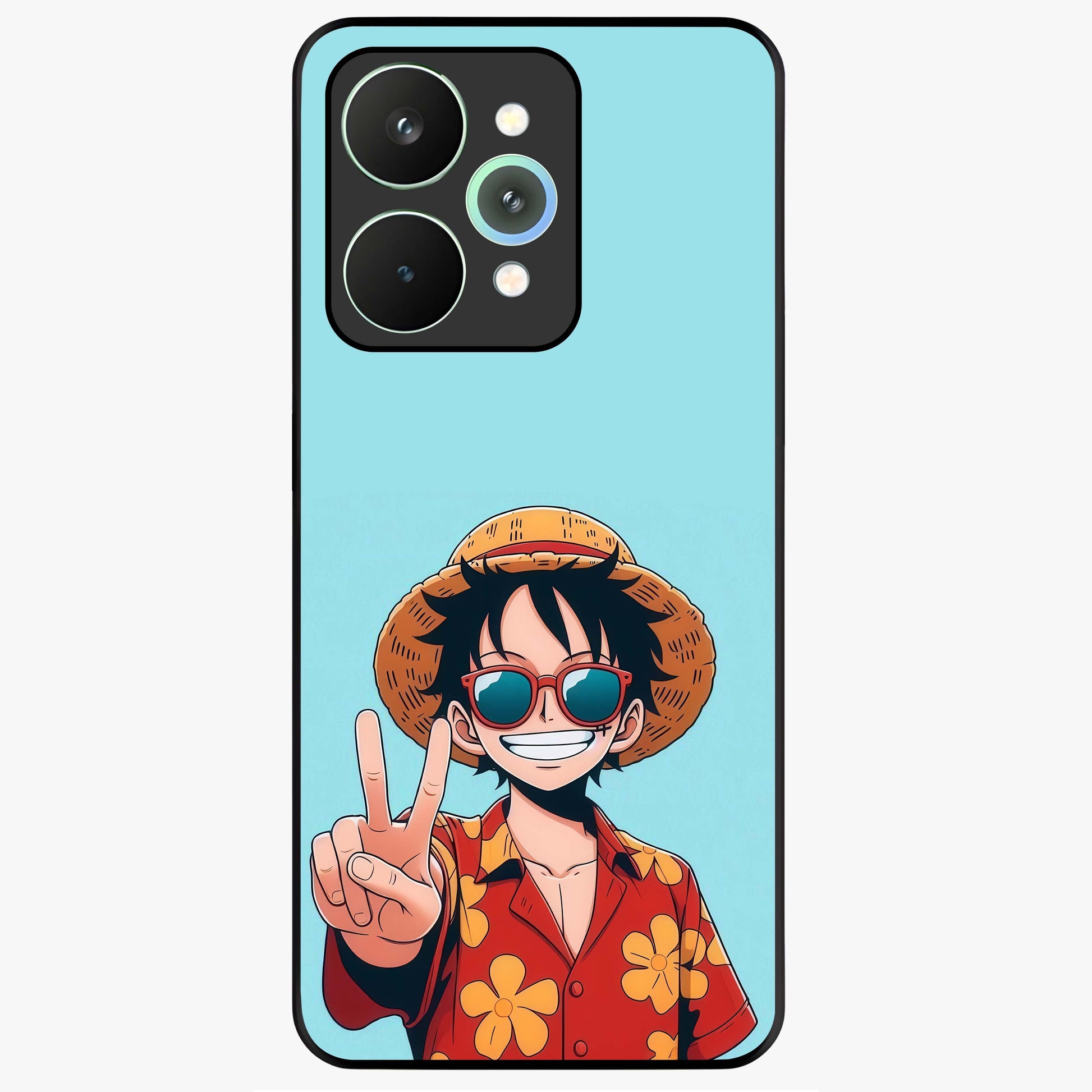 Luffy Summer Anime Vibe Glass Case showing flat back view with vibrant anime character artwork and glossy glass finish.