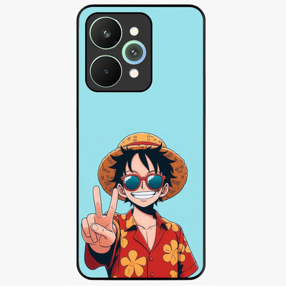 Luffy Summer Anime Vibe Glass Case showing flat back view with vibrant anime character artwork and glossy glass finish.