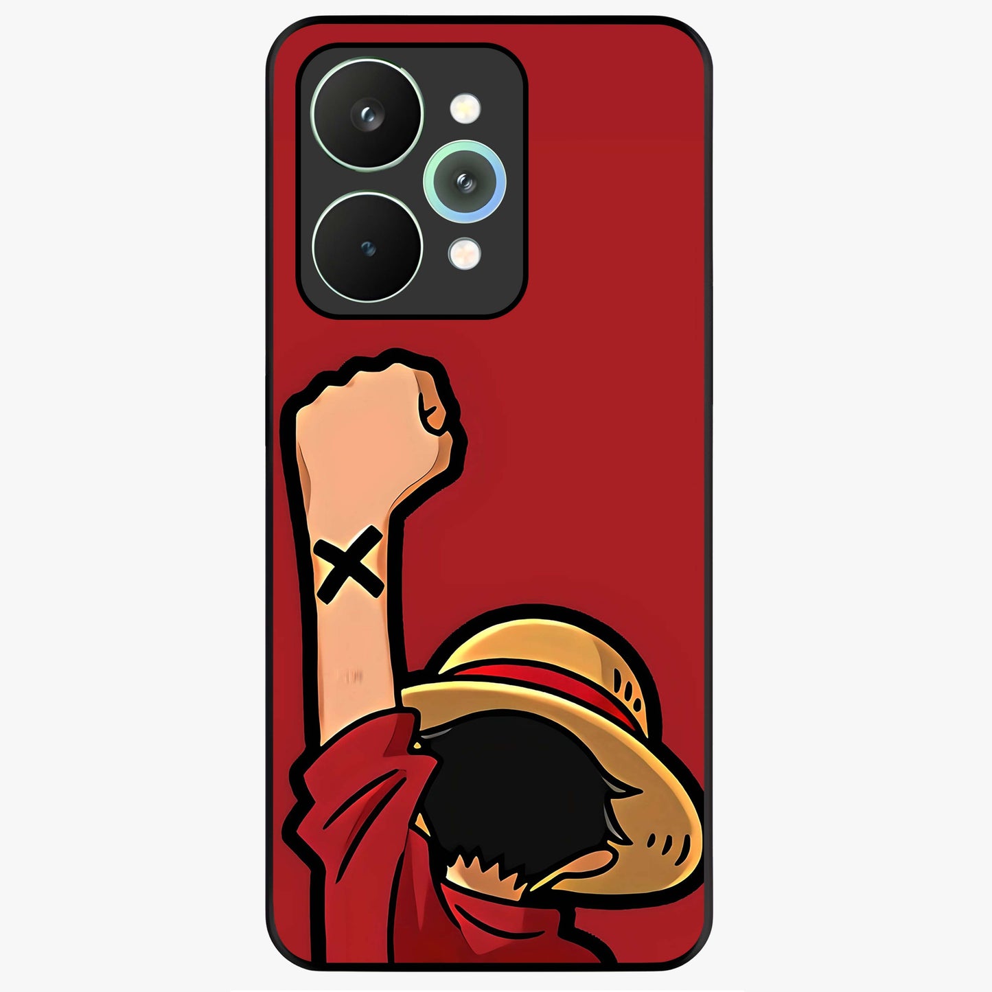 Luffy X Spirit Glass Case showing flat back view with bold anime character artwork and glossy glass finish.