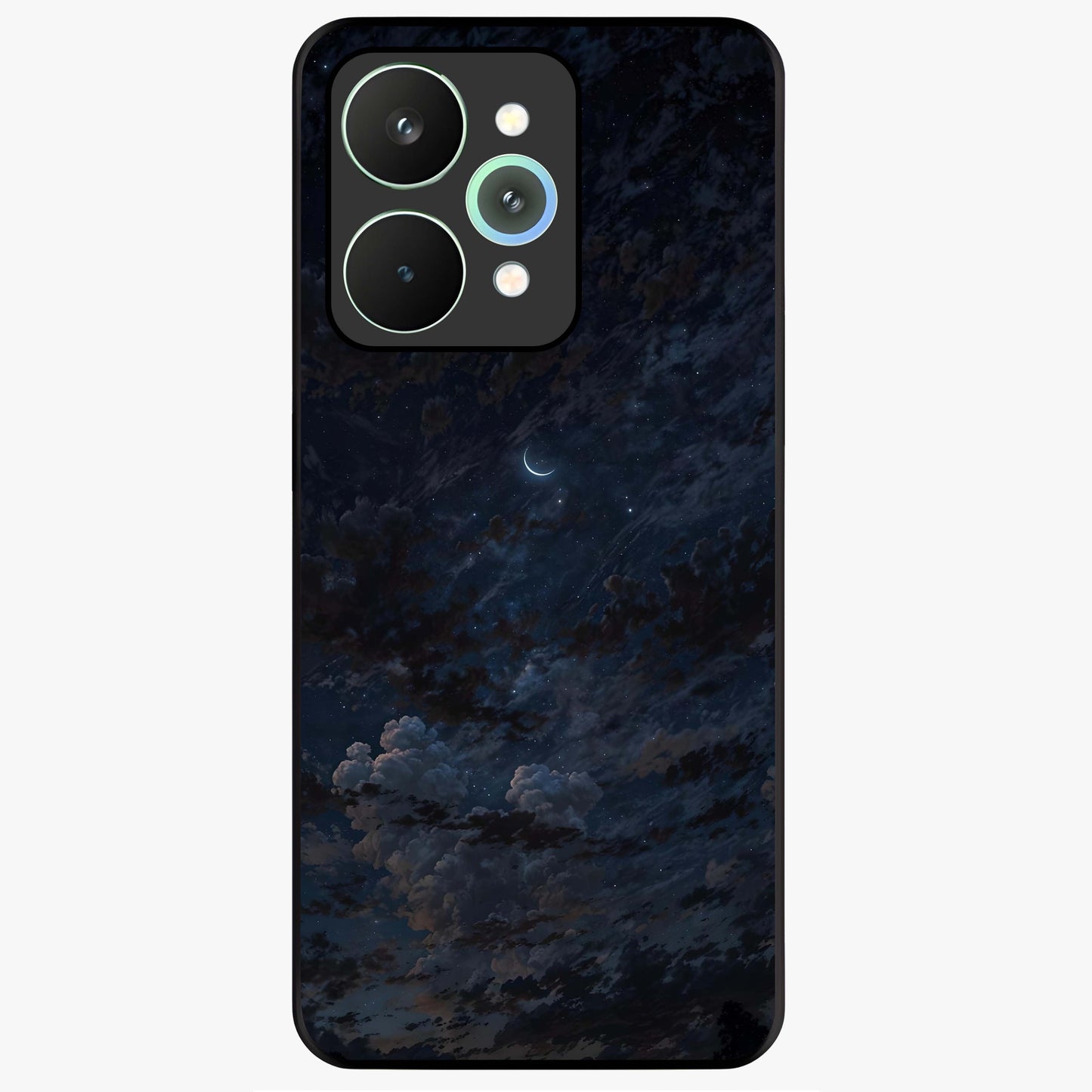 Lunar Veil Silence Glass Case showing flat back view with mystical moon veil artwork and glossy glass finish.