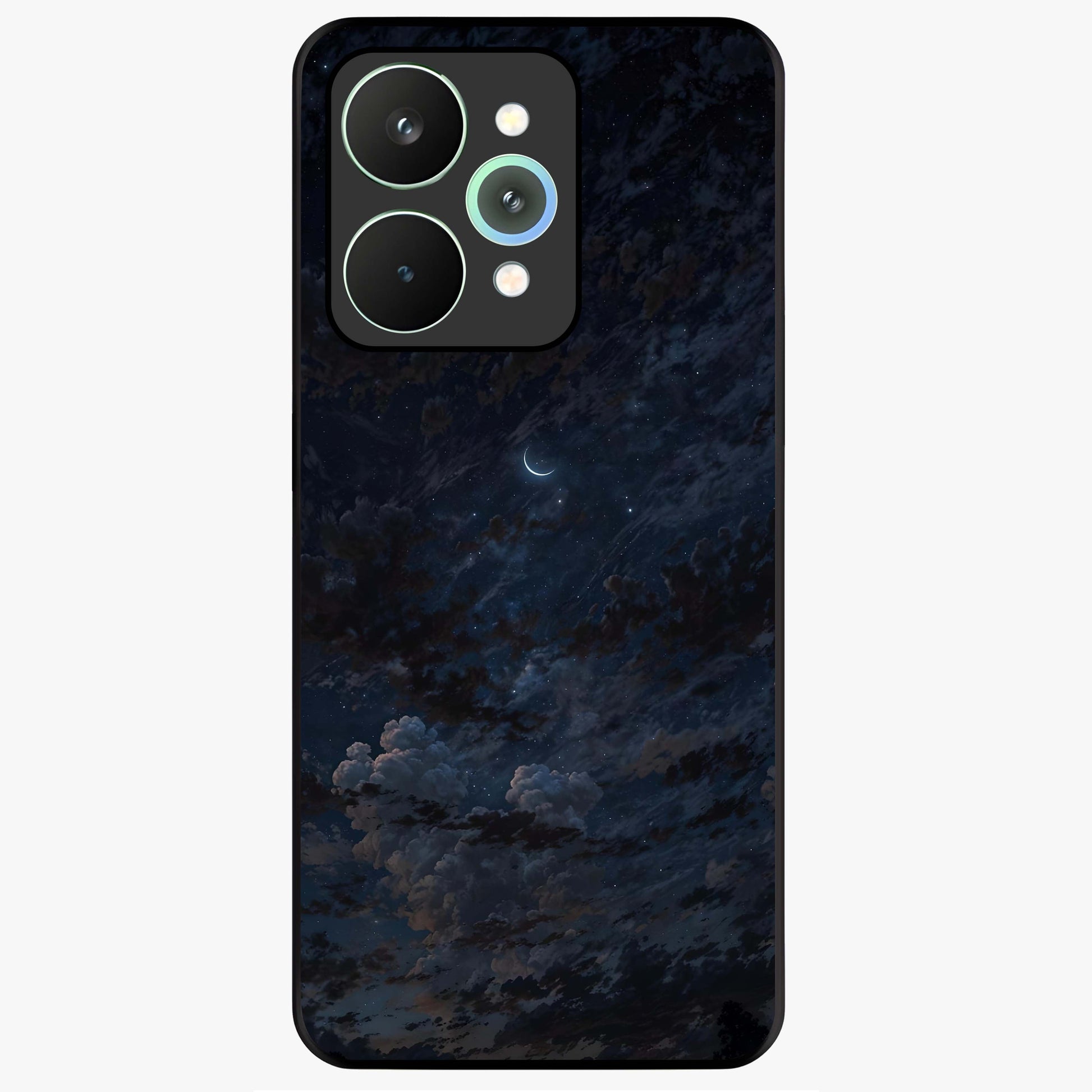 Lunar Veil Silence Glass Case showing flat back view with mystical moon veil artwork and glossy glass finish.