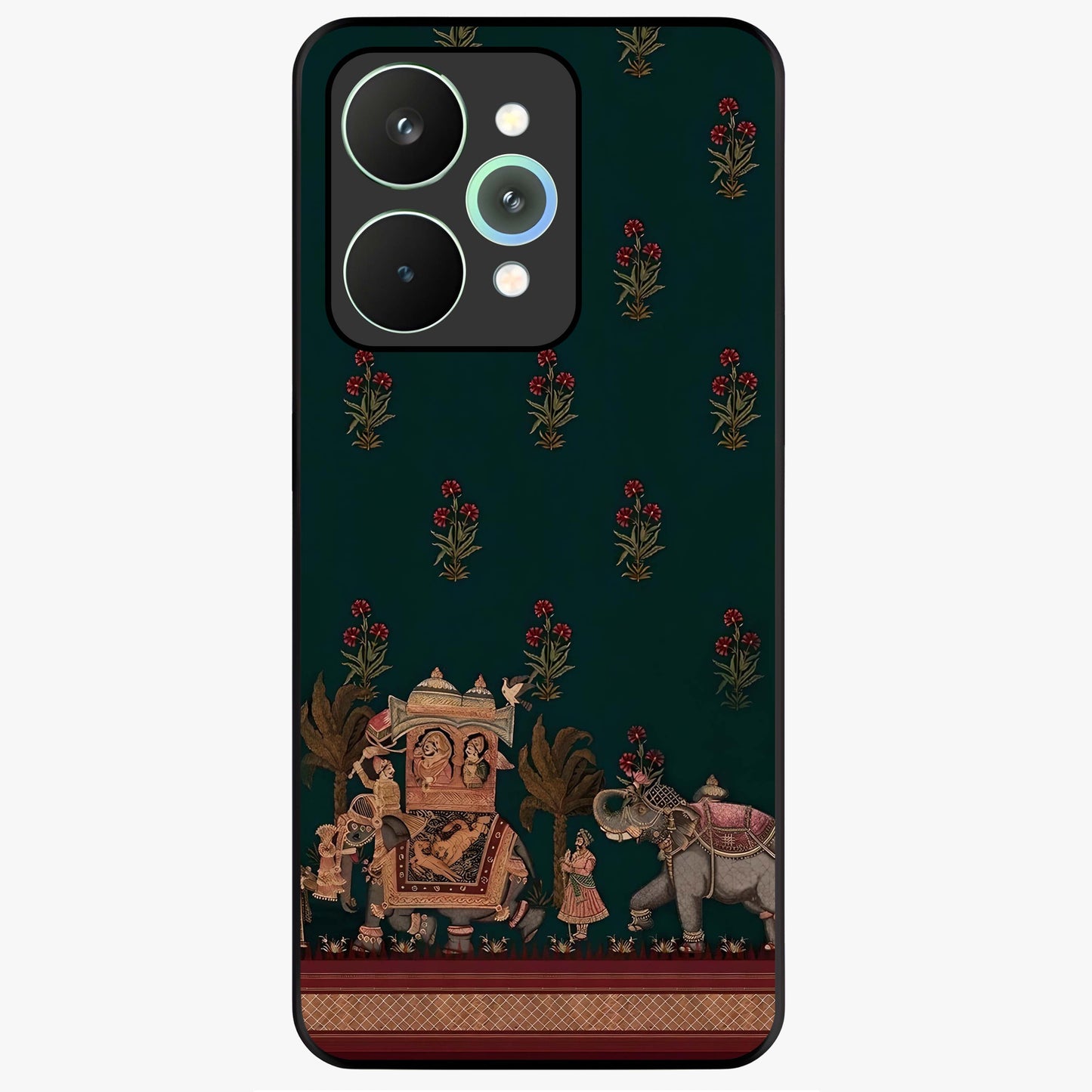 Macmerise Glass Case showing flat back view with stylish modern artwork and glossy glass finish.