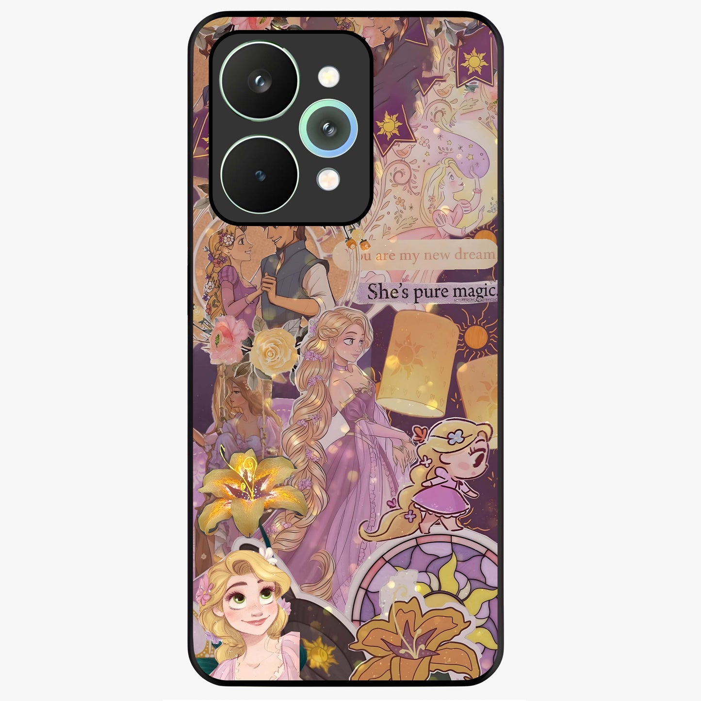 Magical Tangled Dream Glass Case showing flat back view with dreamy tangled artwork and glossy glass finish.