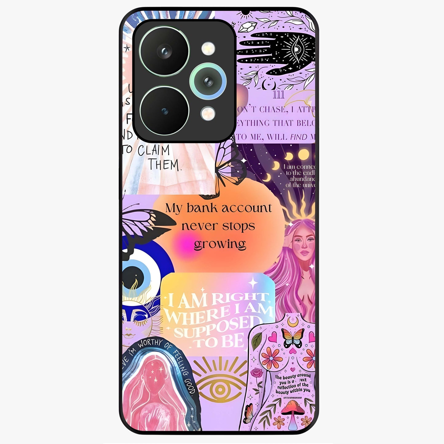 Manifestation Collage Glass Case showing flat back view with motivational collage artwork and glossy glass finish.