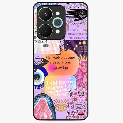 Manifestation Collage Glass Case showing flat back view with motivational collage artwork and glossy glass finish.