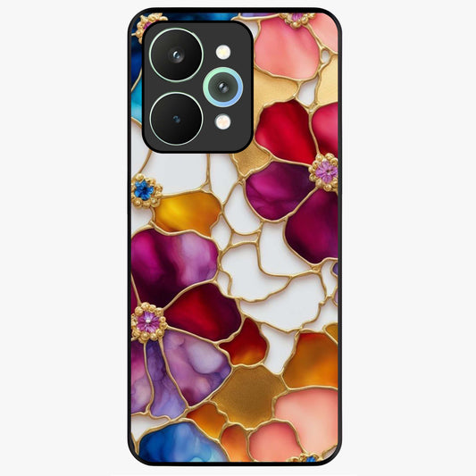 Marble Flower Pattern Glass Case showing flat back view with marble texture floral artwork and glossy glass finish.
