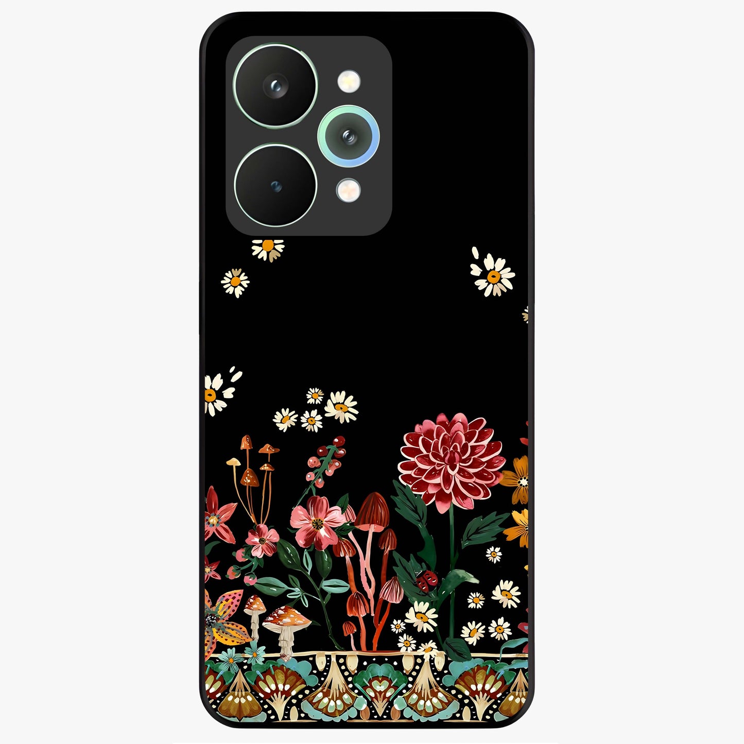 Midnight Bloom Pattern Glass Case showing flat back view with dark floral pattern artwork and glossy glass finish.