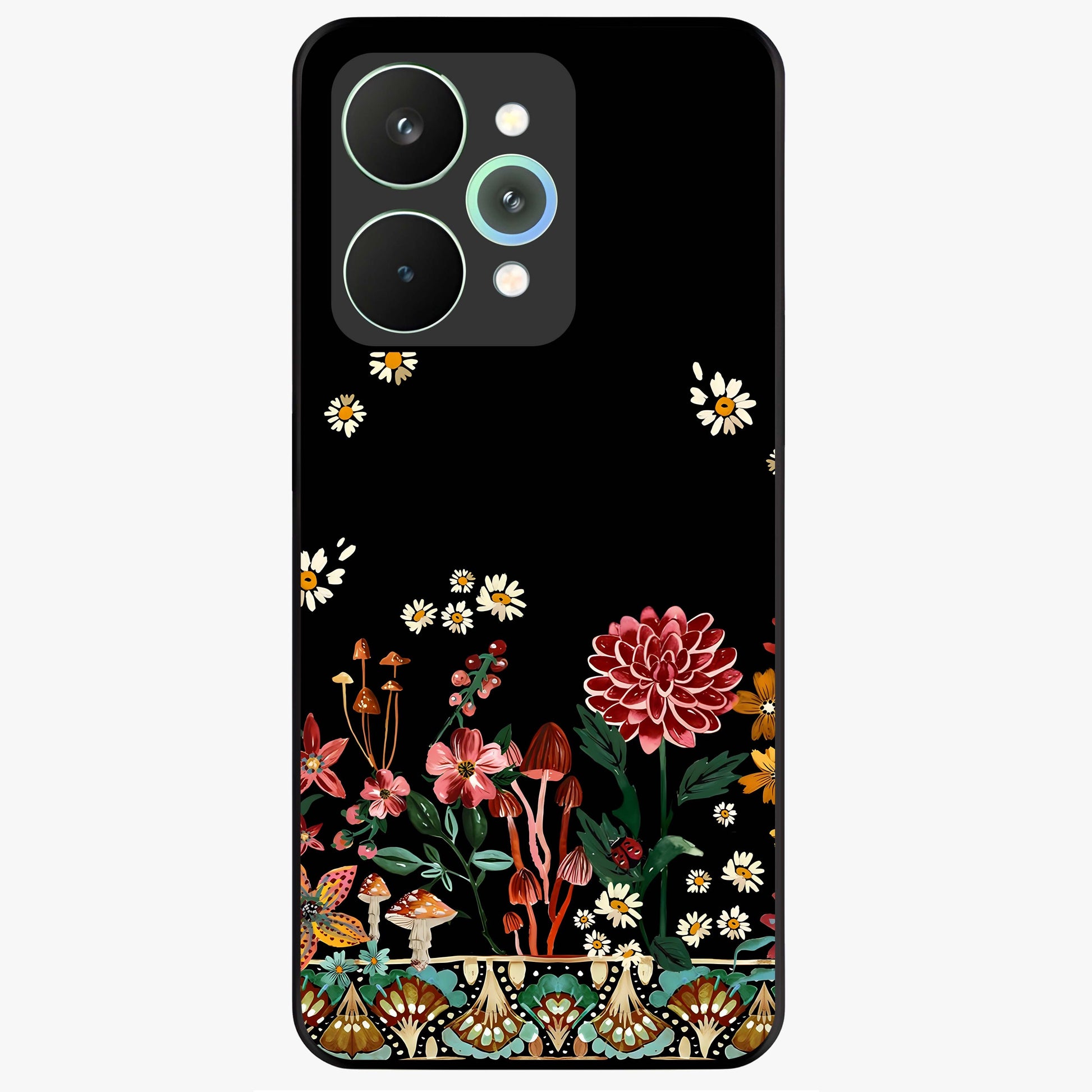 Midnight Bloom Pattern Glass Case showing flat back view with dark floral pattern artwork and glossy glass finish.