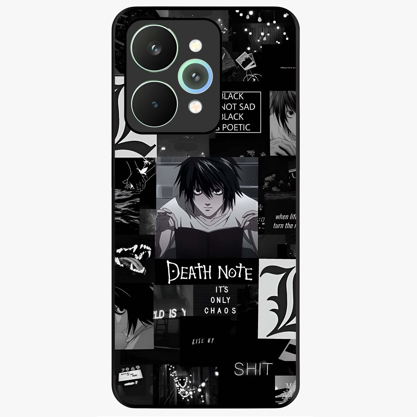 Midnight Chaos Mind Glass Case showing flat back view with abstract dark themed artwork and glossy glass finish.