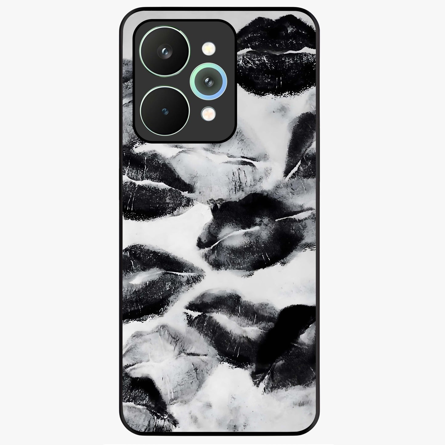 Midnight Kiss Marks Glass Case showing flat back view with lipstick kiss mark artwork and glossy glass finish.