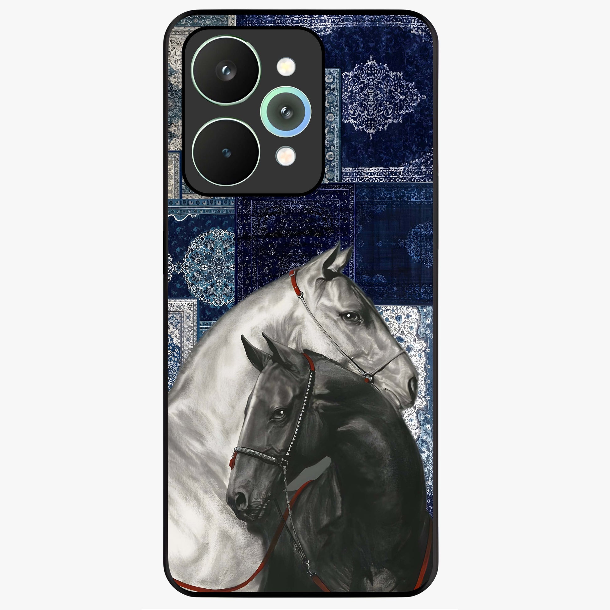 Midnight Stallion Blues Glass Case showing flat back view with majestic horse artwork and glossy glass finish.