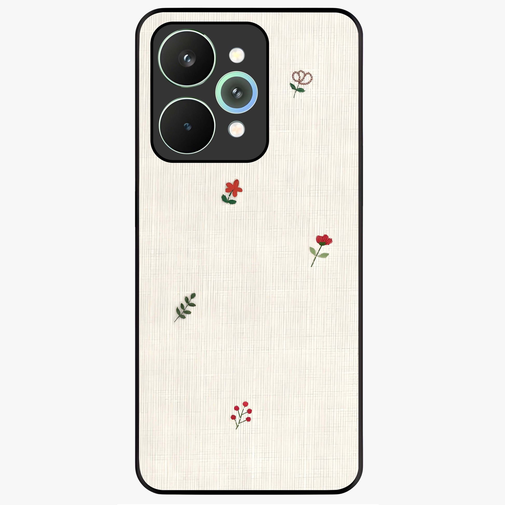 Minimal Petal Whispers Glass Case showing flat back view with soft minimal floral artwork and glossy glass finish.
