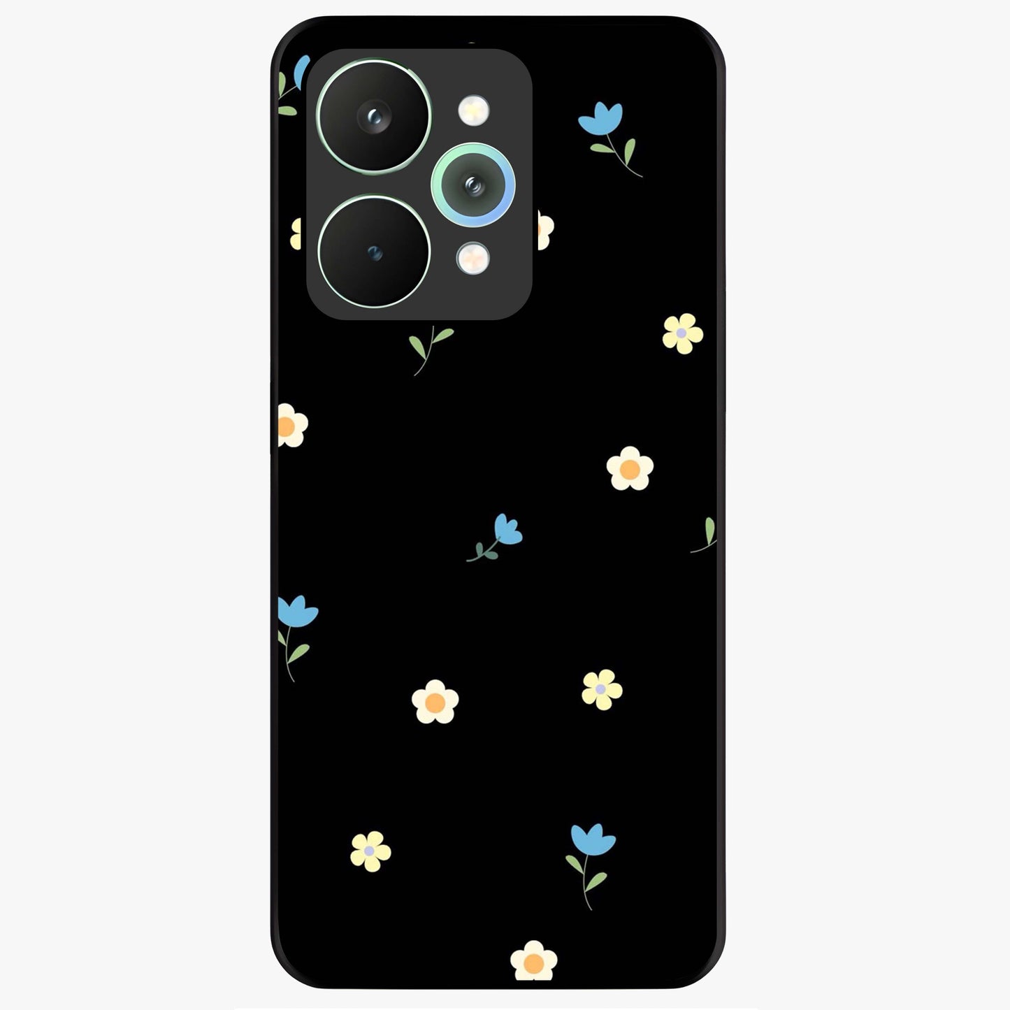 Minimalistic Blue With White Flower Pattern Glass Case showing flat back view with blue background and white flower pattern and glossy glass finish.
