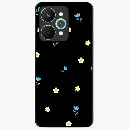 Minimalistic Blue With White Flower Pattern Glass Case showing flat back view with blue background and white flower pattern and glossy glass finish.