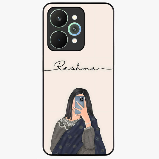 Mirror Mood Muse With Custom Name Glass Case showing flat back view with stylish mirrored artwork and personalized name design.