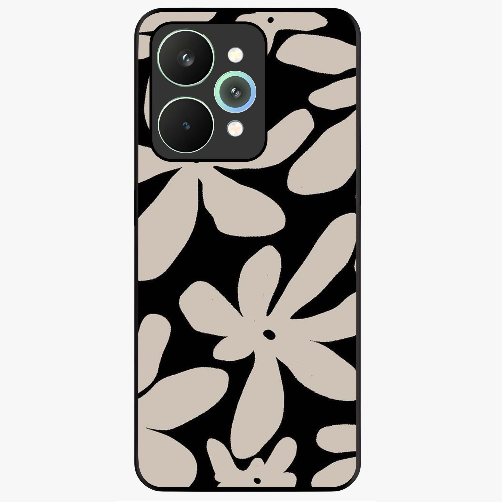 Monochrome Petal Dance Glass Case showing flat back view with monochrome floral artwork and glossy glass finish.