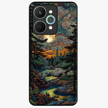 Moonlight Forest Dream Glass Case showing flat back view with mystical forest moonlight artwork and glossy glass finish.