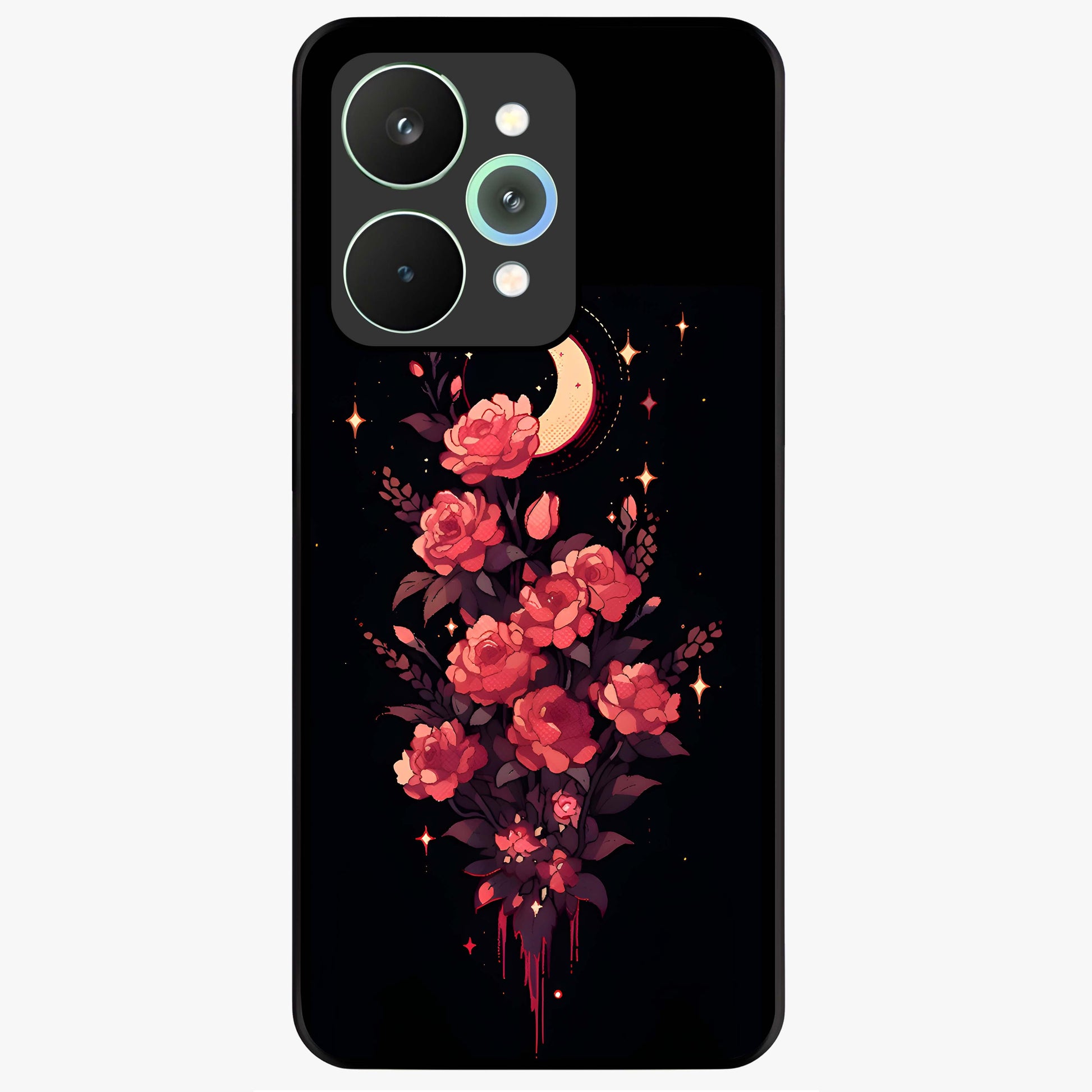 Moonlit Floral Elegance Glass Case showing flat back view with elegant floral artwork under moonlit tones and glossy glass finish.